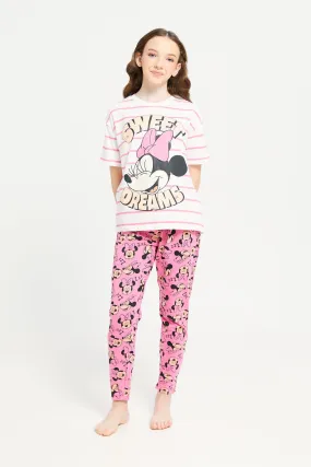 Senior Girls Pink Striped Minnie Mouse Pyjama Set (2 Piece)