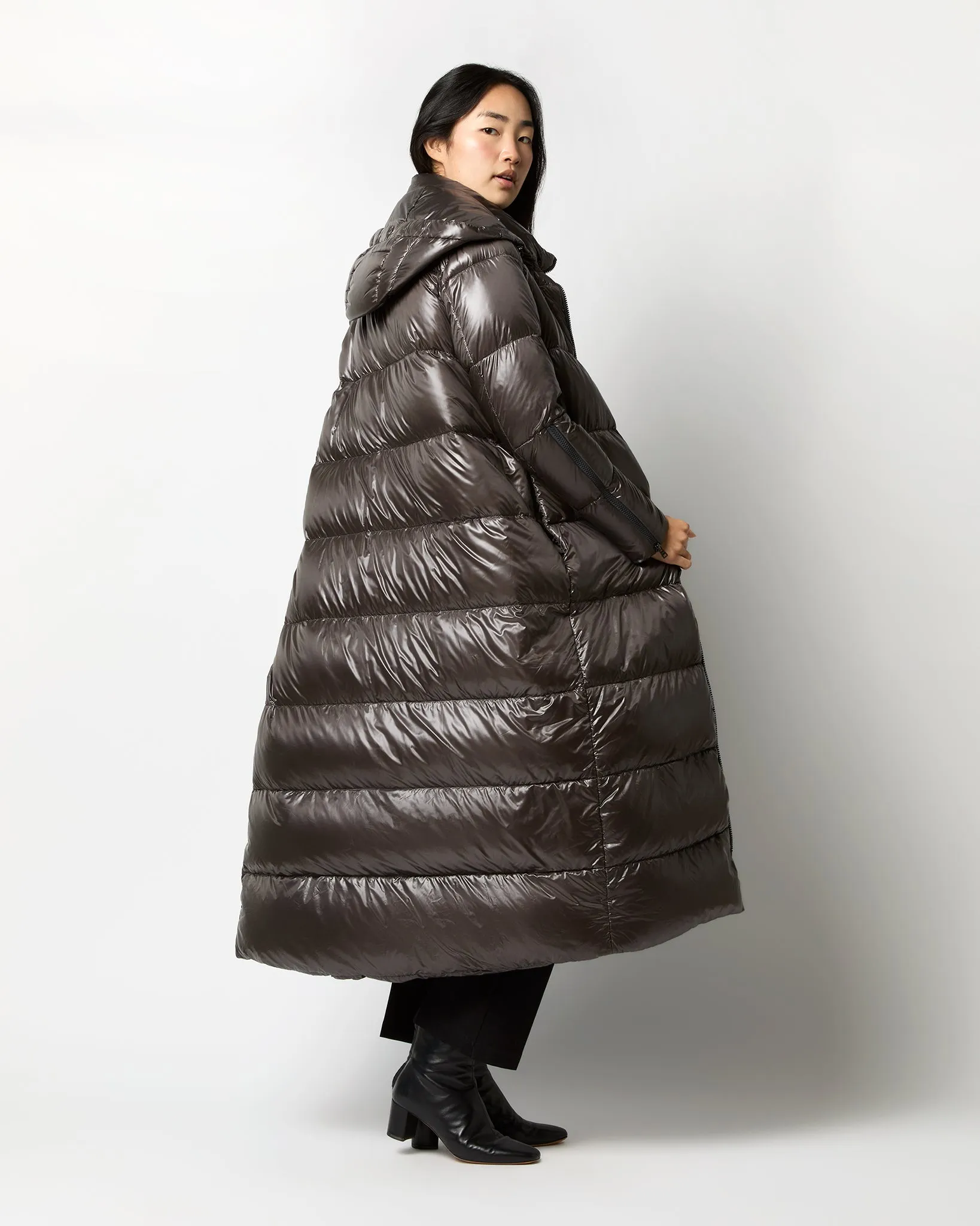 Shiny Nylon Long Coat in Charcoal