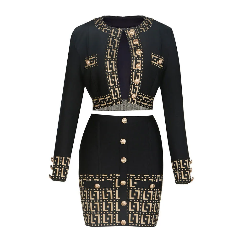 Stitching Details Long-sleeve Crop Blazer & Midi Dress Suits