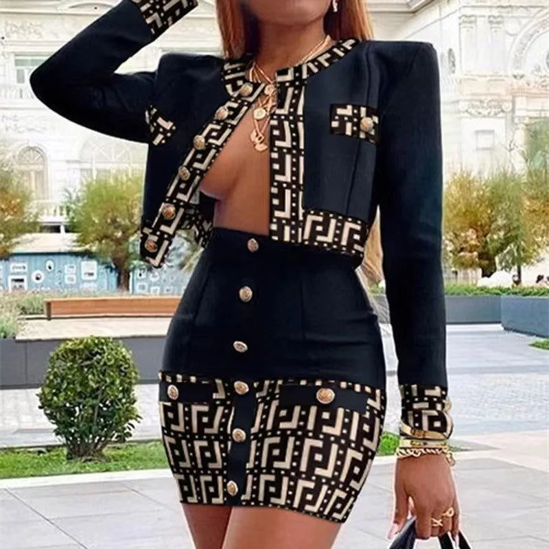 Stitching Details Long-sleeve Crop Blazer & Midi Dress Suits