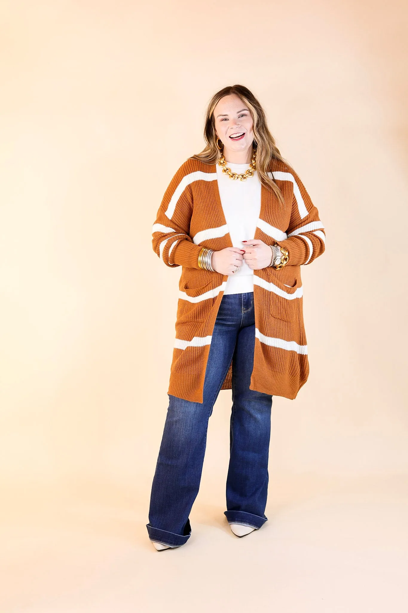 Time For Cozy Striped Long Sleeve Cardigan in Rust