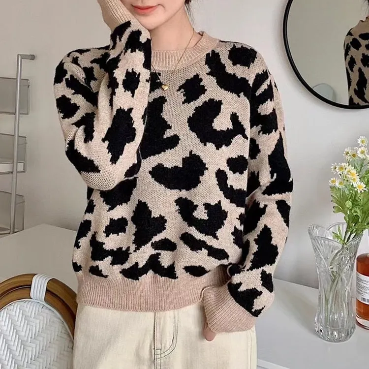 Toleet New 2023 Women Autumn Winter Sweaters Knitted Elegant Leopard Warm Fashionable Oversized Vintage Lady Tops