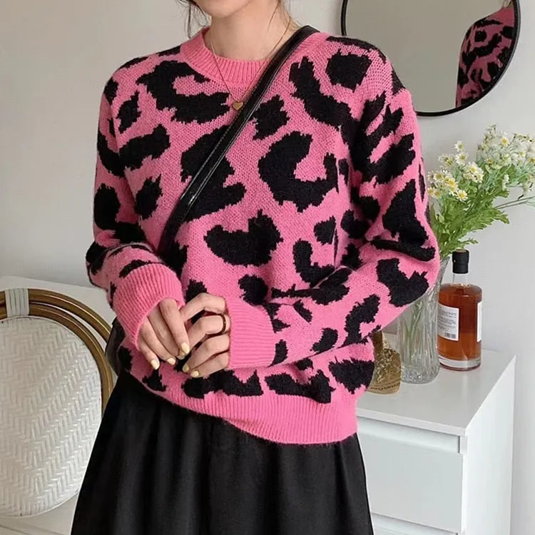 Toleet New 2023 Women Autumn Winter Sweaters Knitted Elegant Leopard Warm Fashionable Oversized Vintage Lady Tops