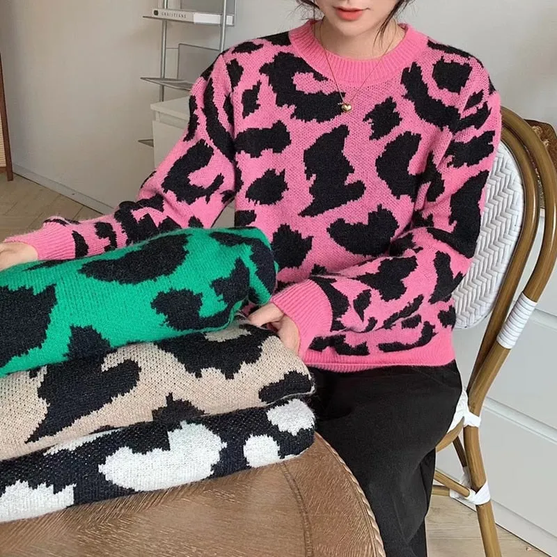 Toleet New 2023 Women Autumn Winter Sweaters Knitted Elegant Leopard Warm Fashionable Oversized Vintage Lady Tops