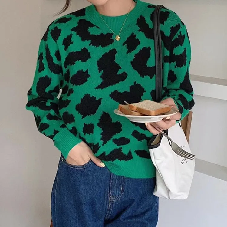 Toleet New 2023 Women Autumn Winter Sweaters Knitted Elegant Leopard Warm Fashionable Oversized Vintage Lady Tops