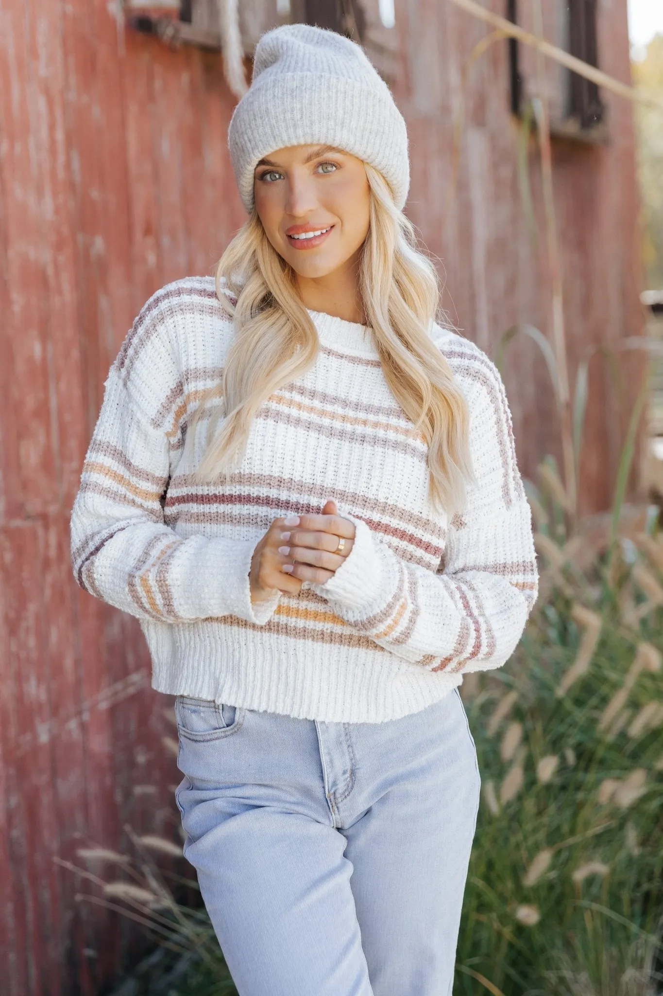 White Multi Stripe Ribbed Sweater