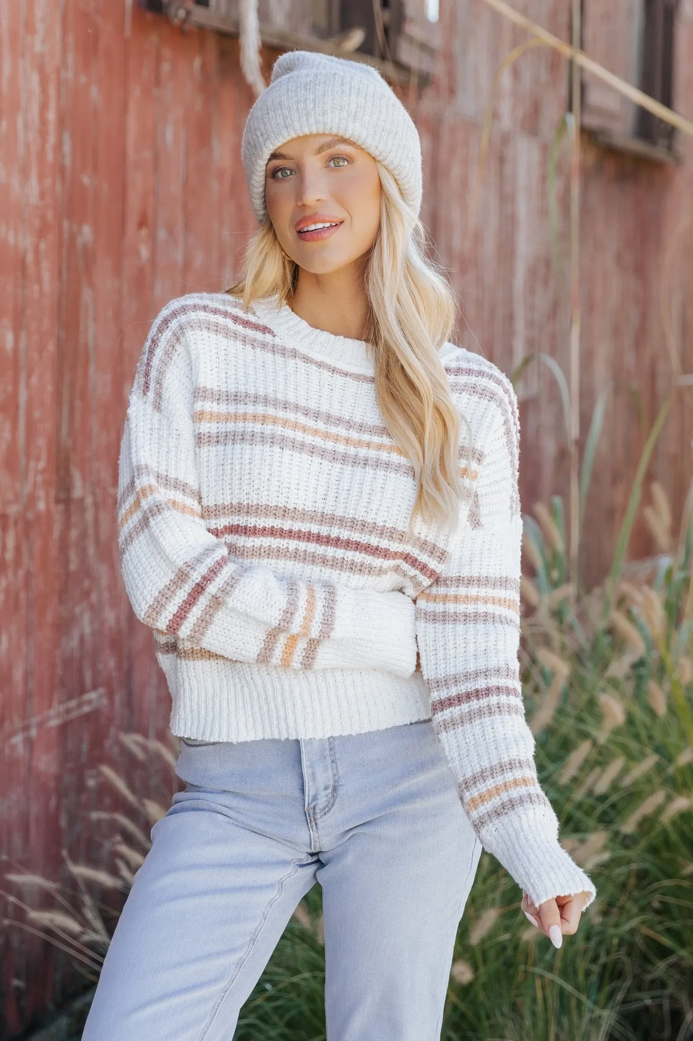 White Multi Stripe Ribbed Sweater