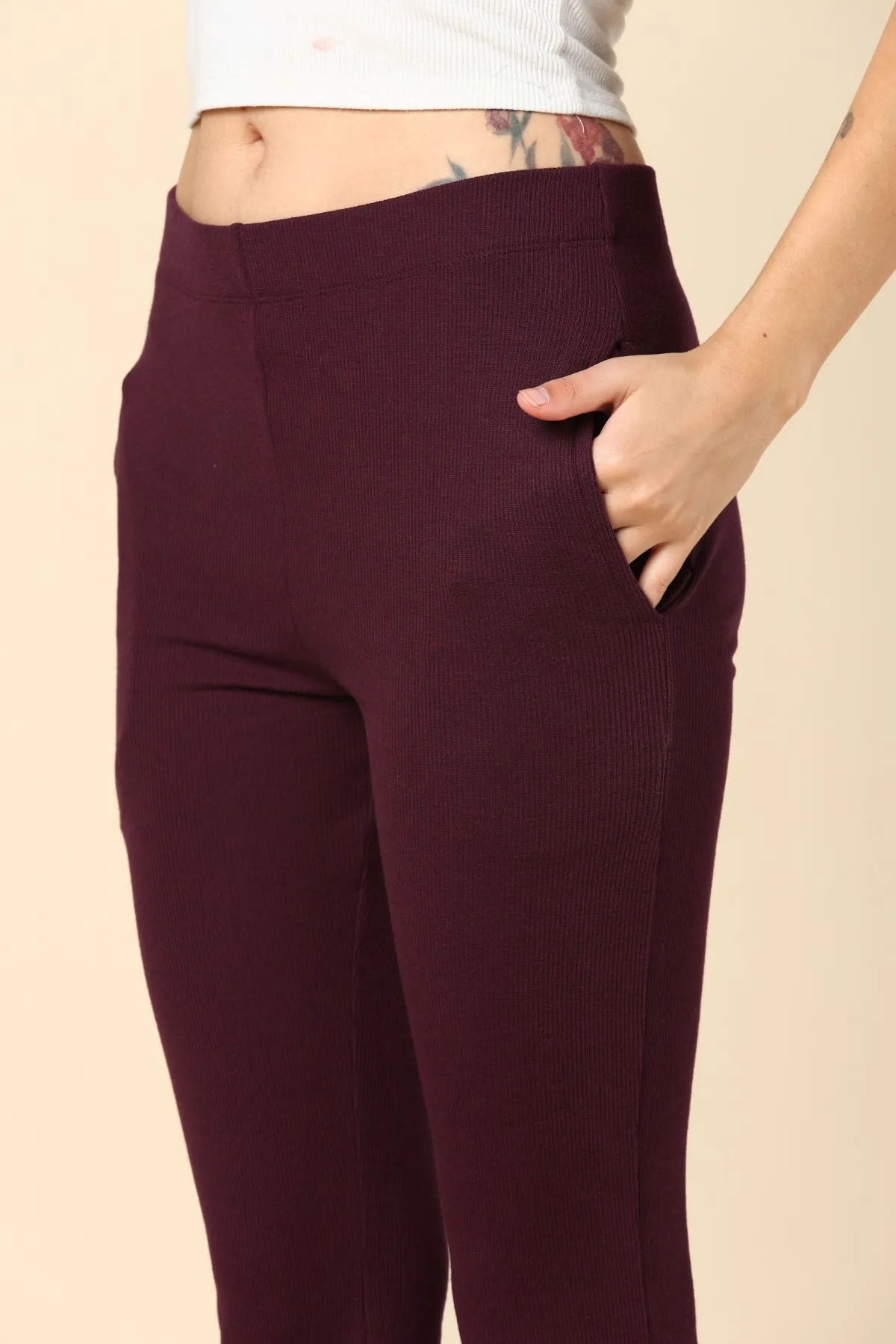 Wine Ribbed Pregnancy Lounge Pants with 2 Pockets