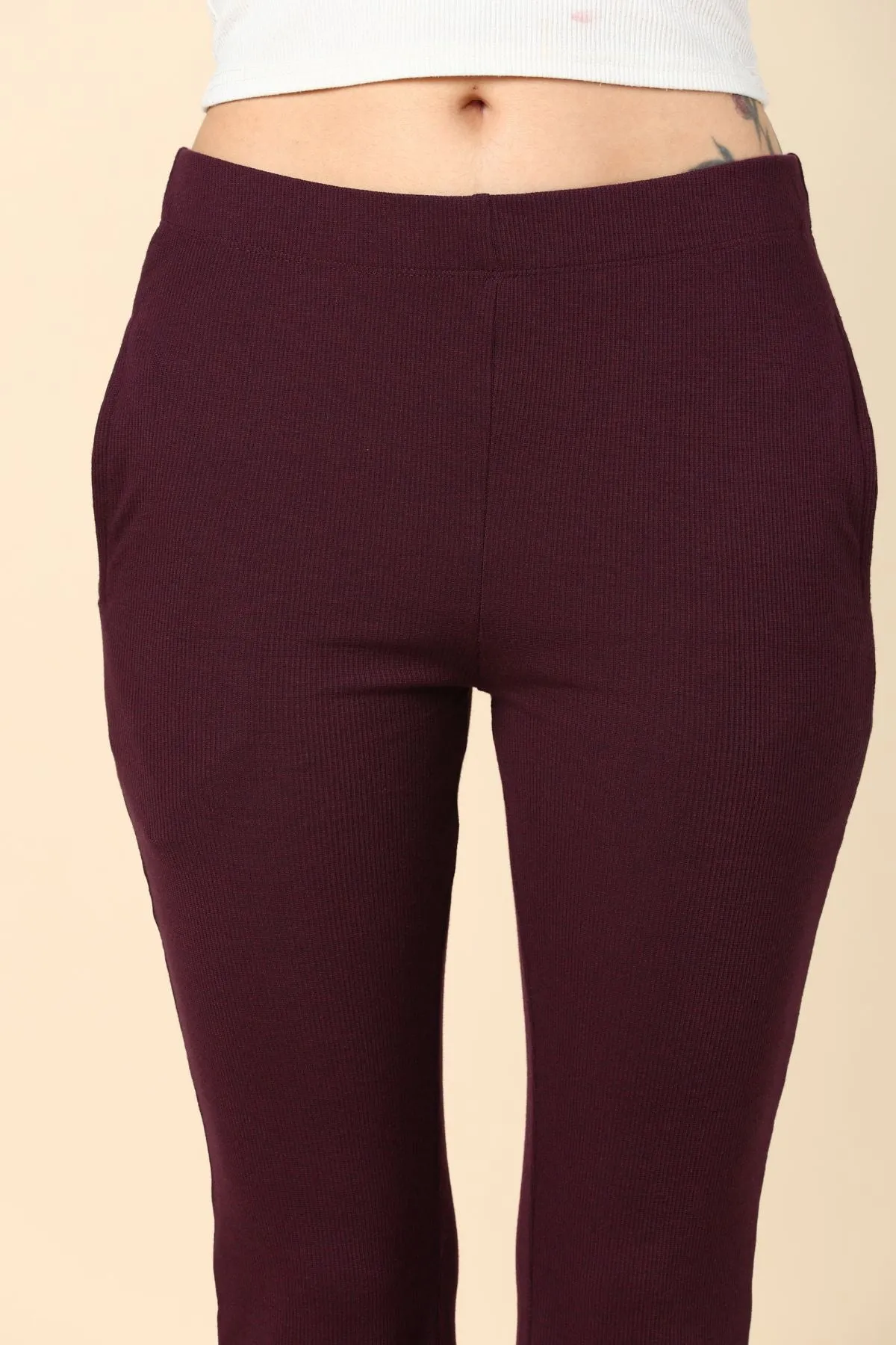 Wine Ribbed Pregnancy Lounge Pants with 2 Pockets