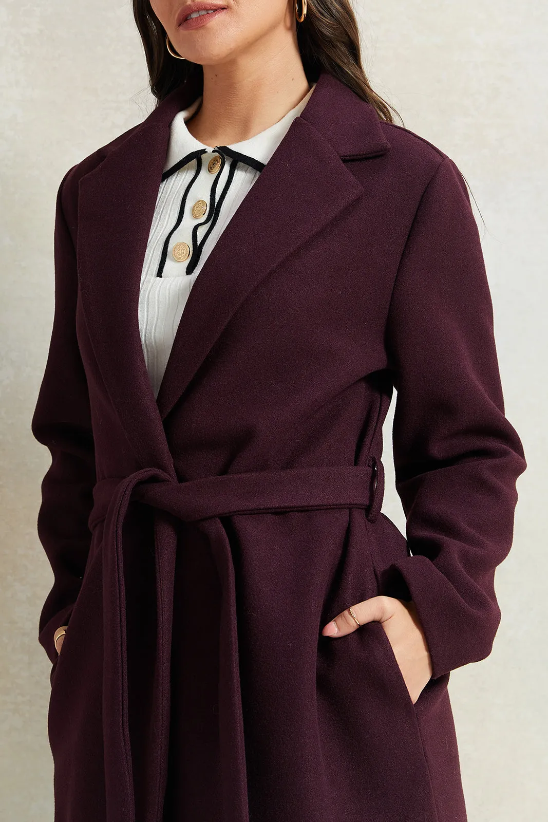 Women Burgundy Long Melton Jacket