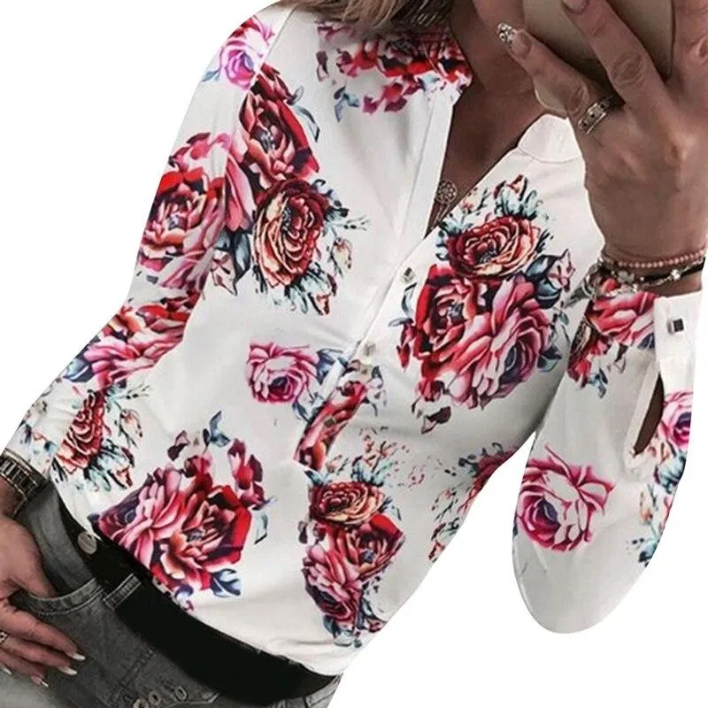 Women Floral Print Long Sleeve Button Blouses