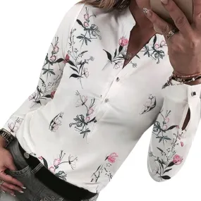 Women Floral Print Long Sleeve Button Blouses