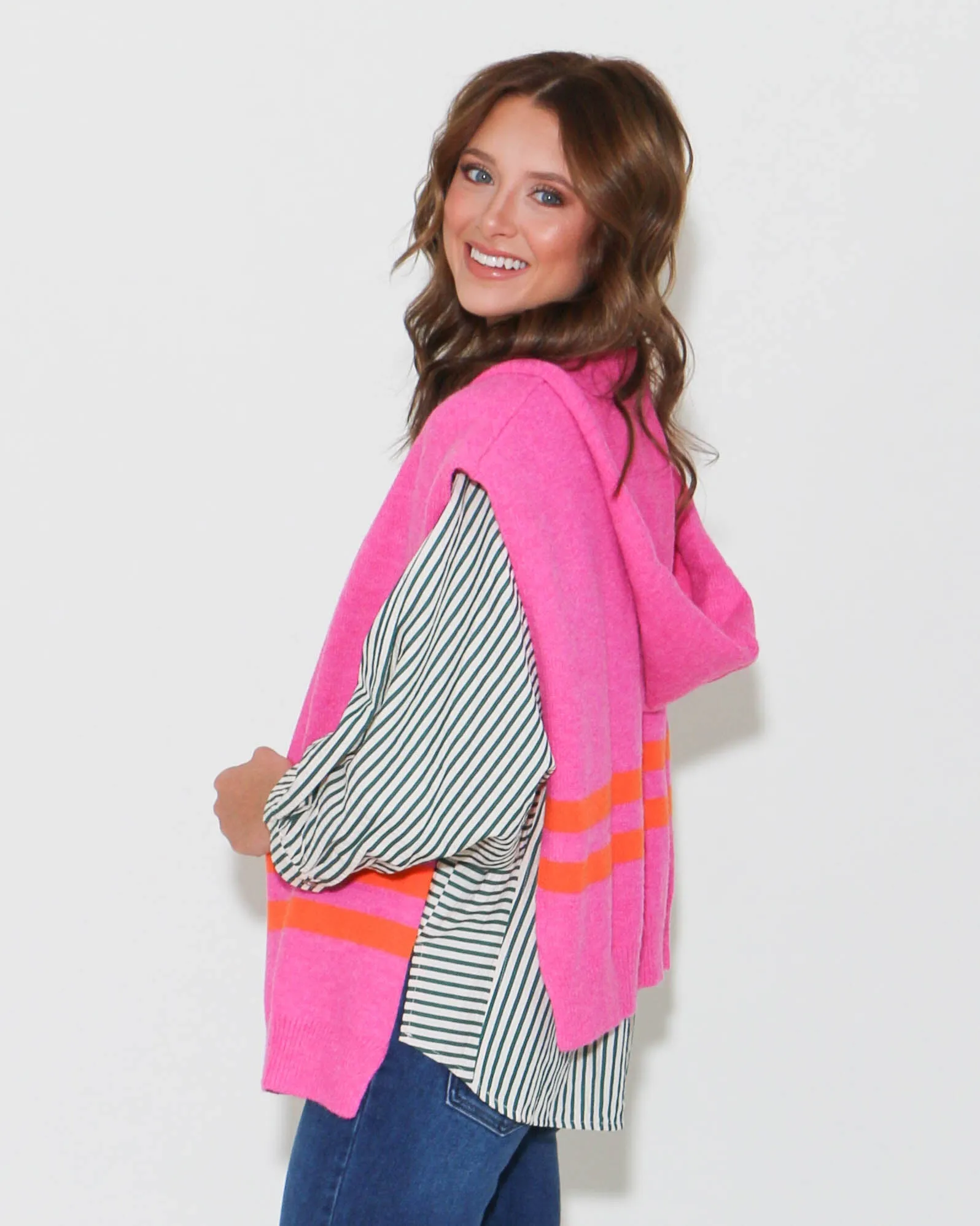 Woven Cape Style Sweater Top in Fuchsia